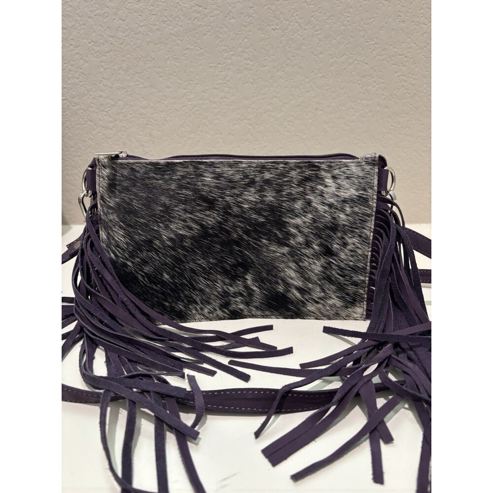 Western Linen Cowhide Purple Fringe Leather Crossbody Clutch Purse Rodeo